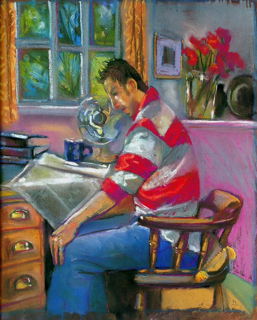 Louis, lisant le journal. Pastel sec sur papier. Jessica.M