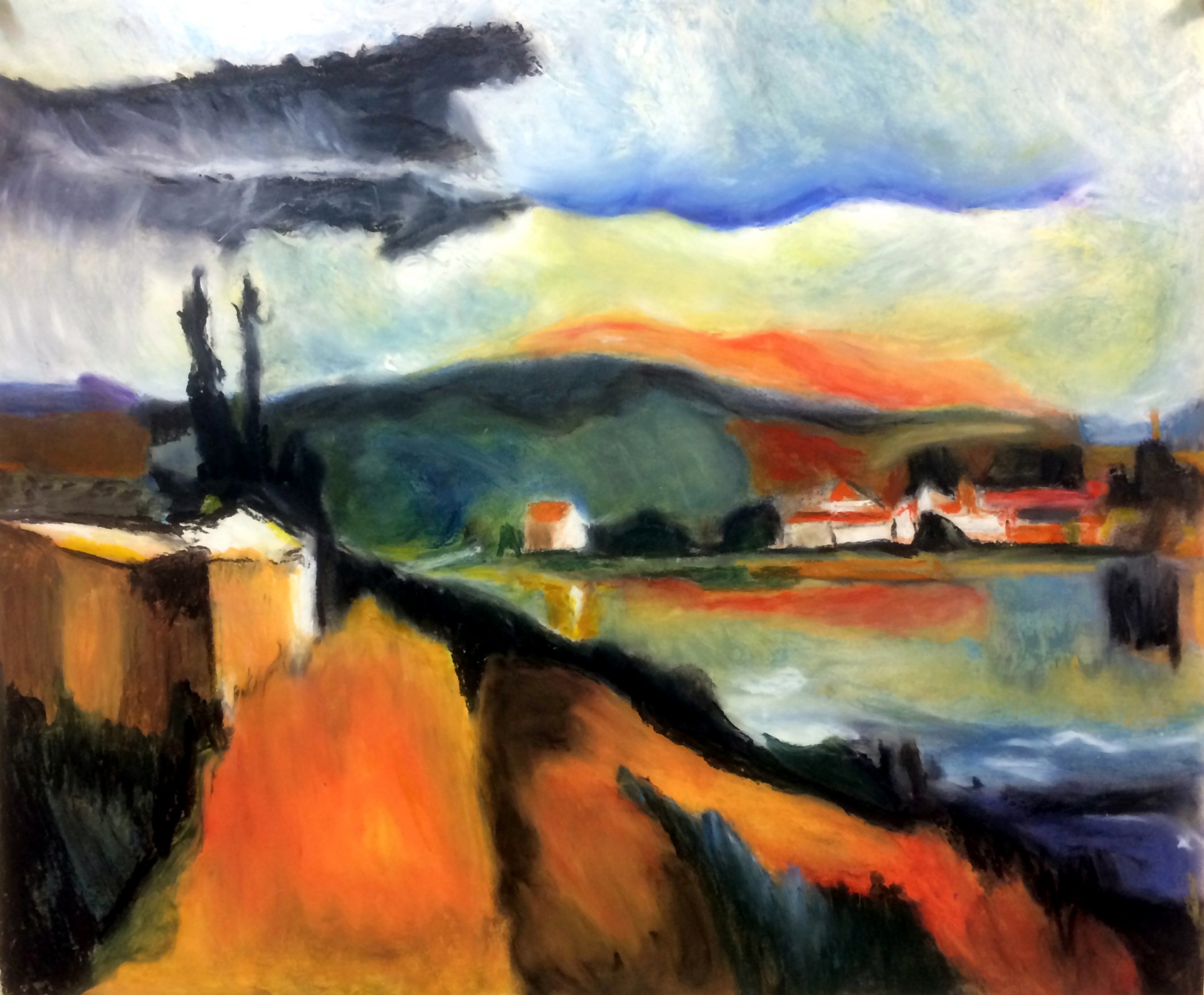 Paysage au pastel à l'huile -  Rachel D