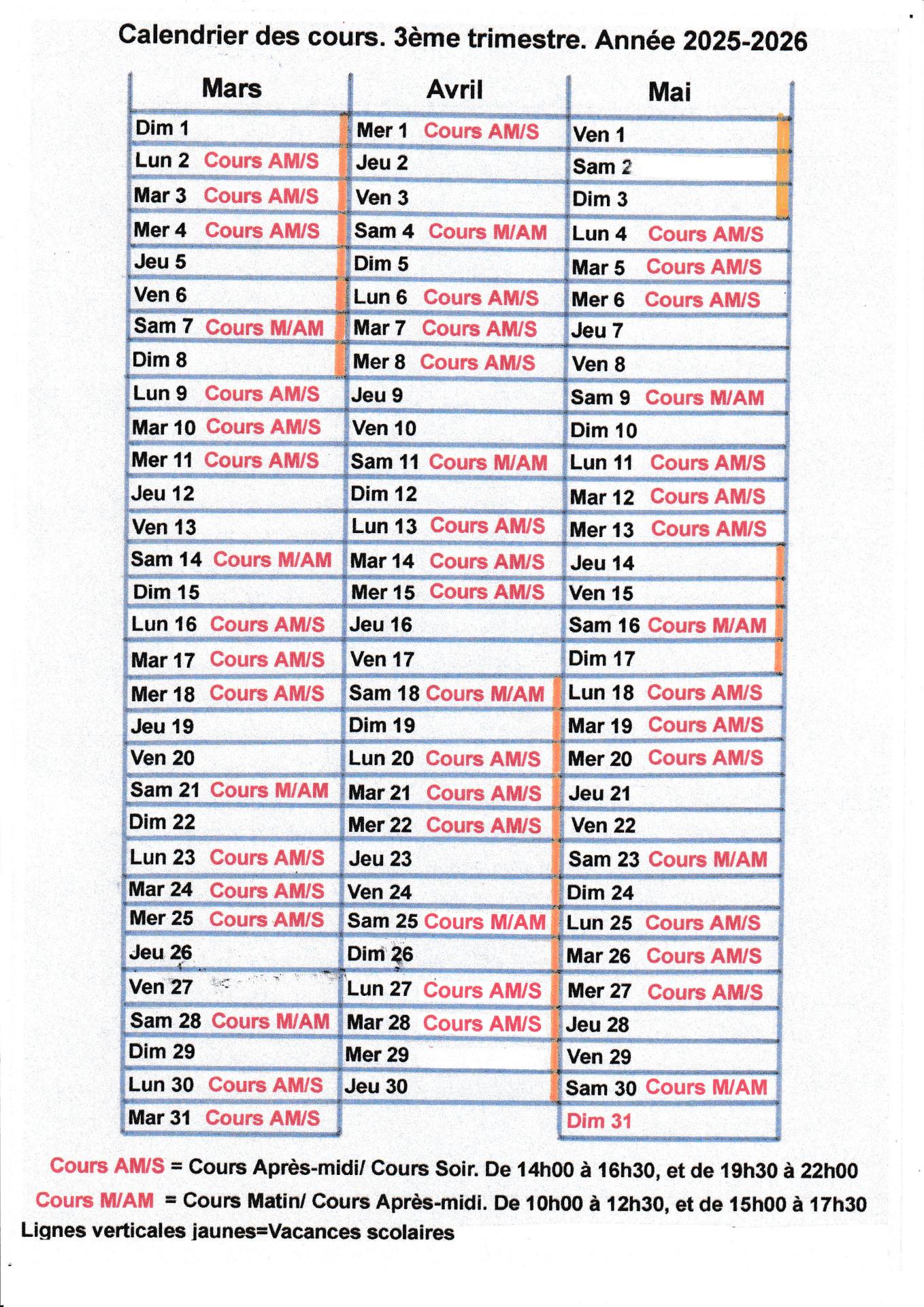 Calendrier des cours 3eme trimestre 1