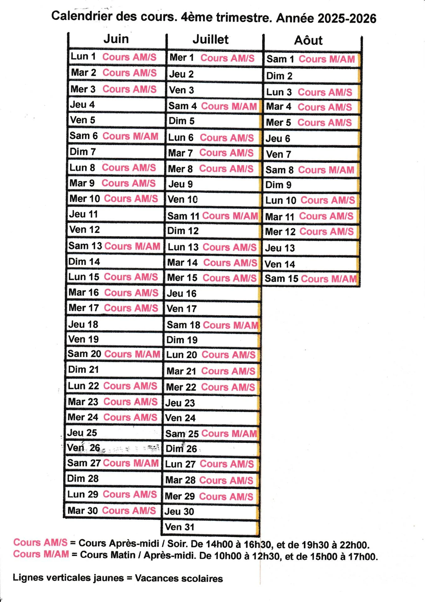 Calendrier des cours 4ème trimestre
