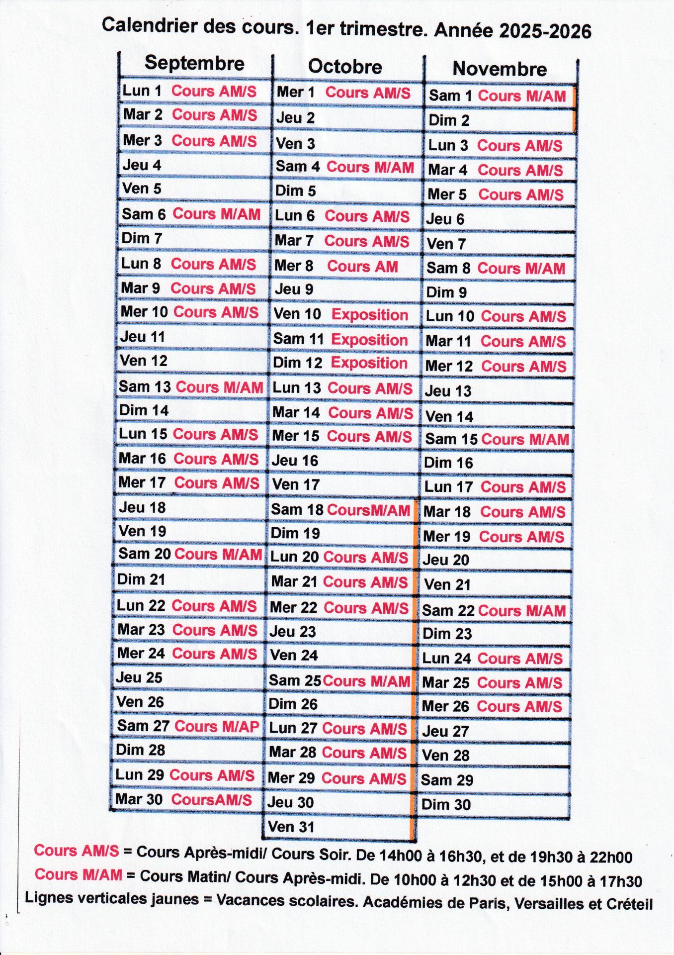 Calendrier des cours 1er trimesrte anee 2025 2026