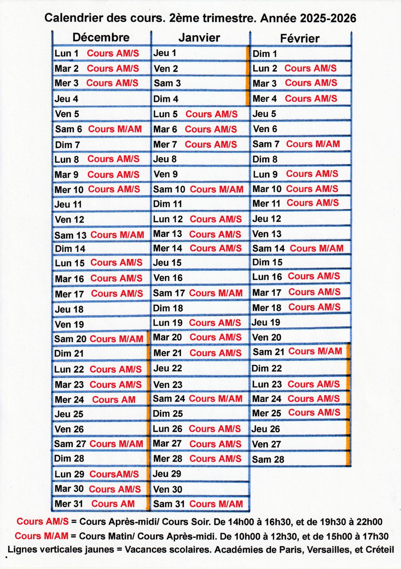Calendrier des cours. 2ème trimestre