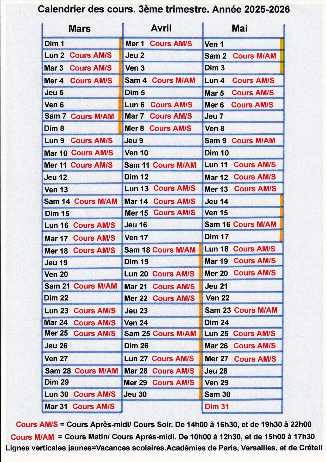 Calendrier des cours 3eme trimestre annee 2025 2026