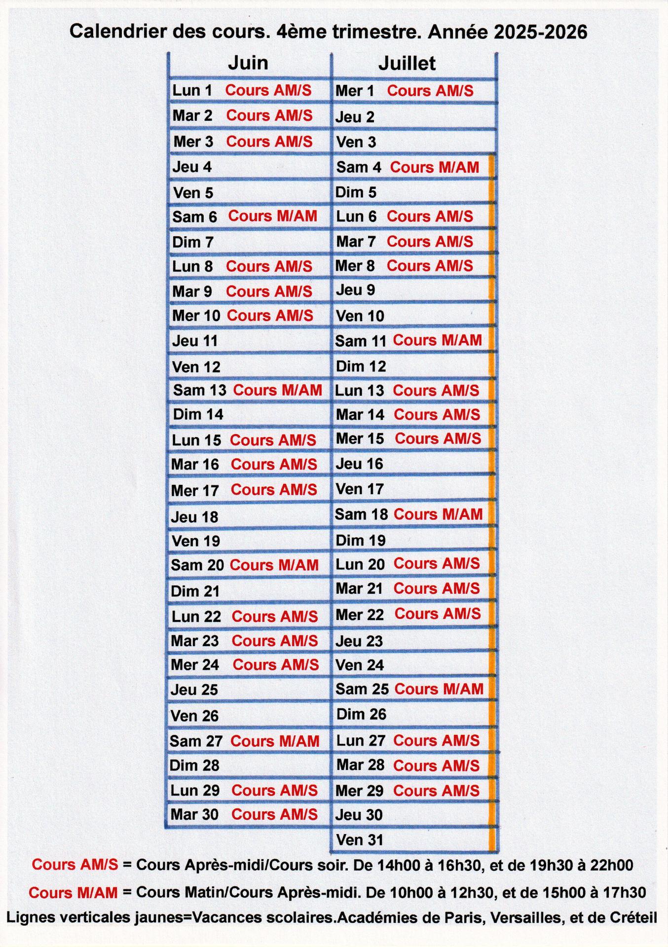 Calendrier des cours 4eme trimestre annee 2025 2026