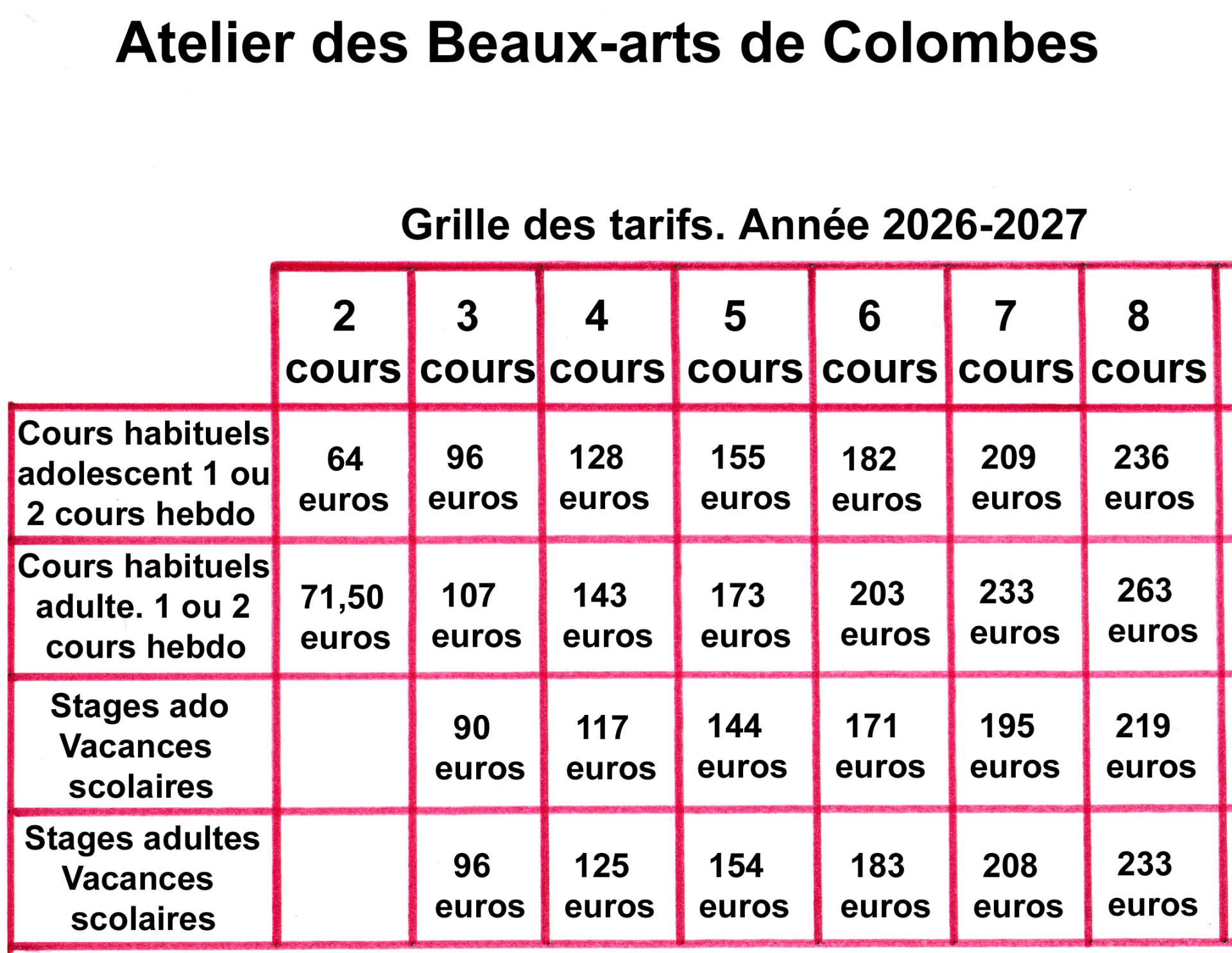 Grille des tarifs année 2026 2027